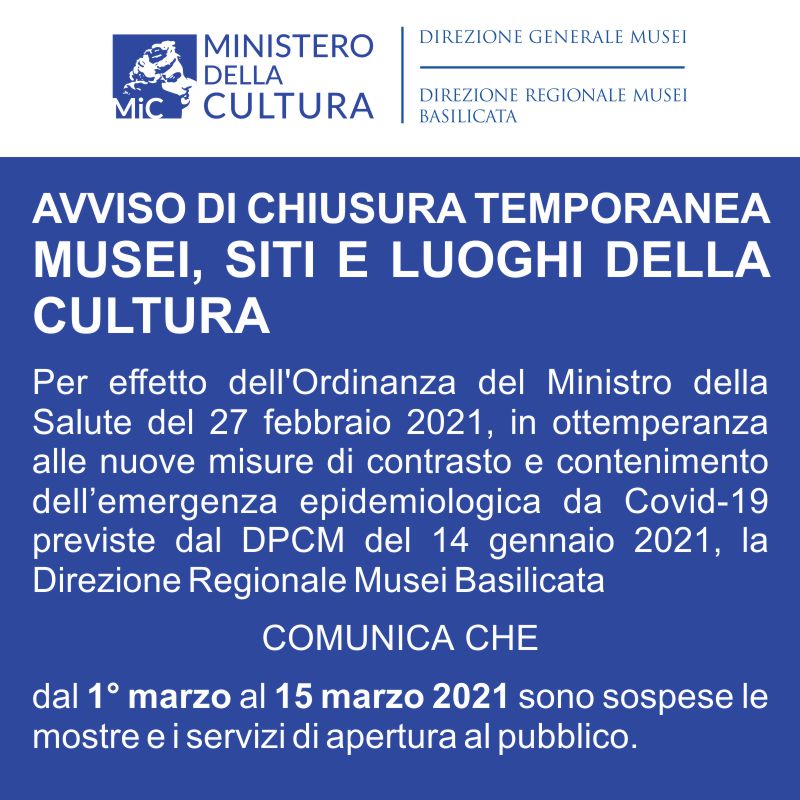 Avviso chiusura musei, siti e luoghi della cultura